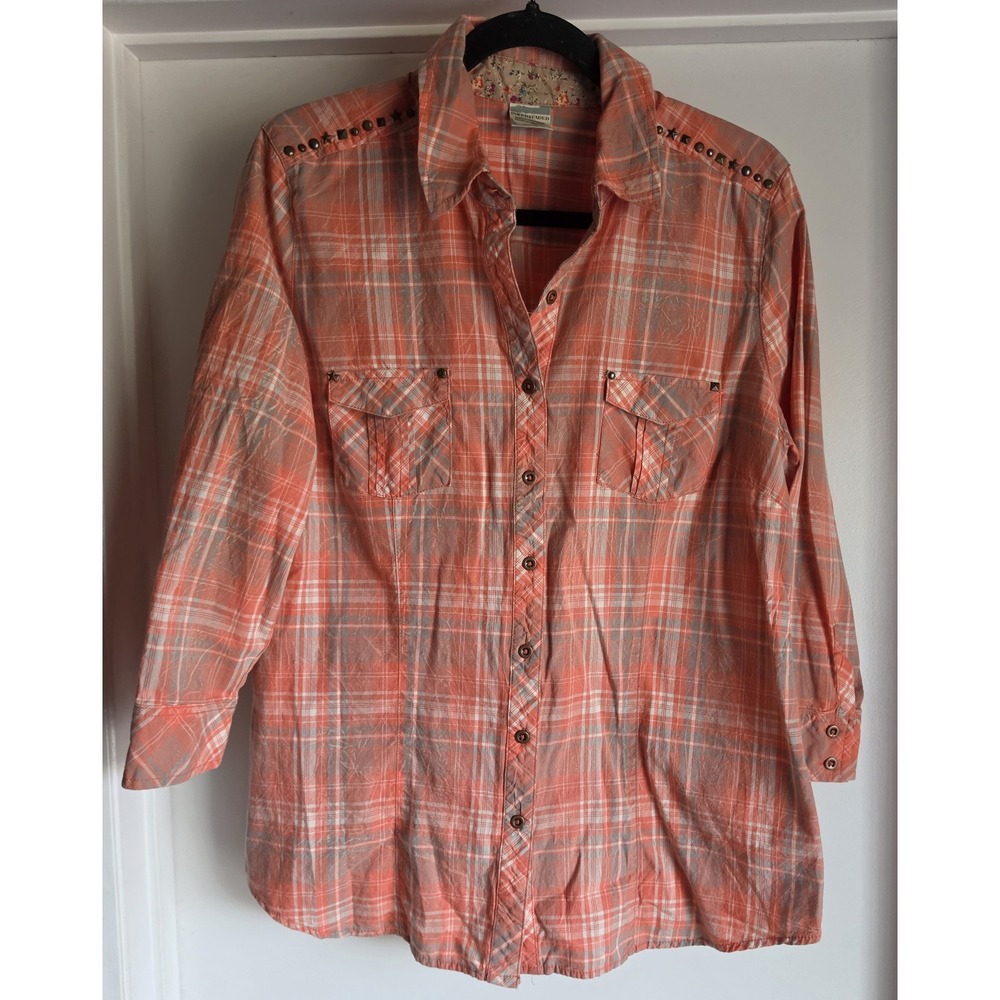 Inked & Faded Button-Up Shirt Women L Orange Plaid Cotton Western Cowgirl